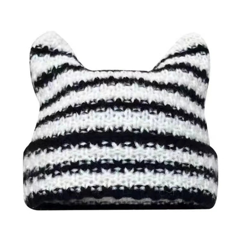 Kawaii Little Devil Striped Cat Ears Beanie πΎβ¨ Cozy Knitted Hat for Trendy Autumn/Winter Fashion π