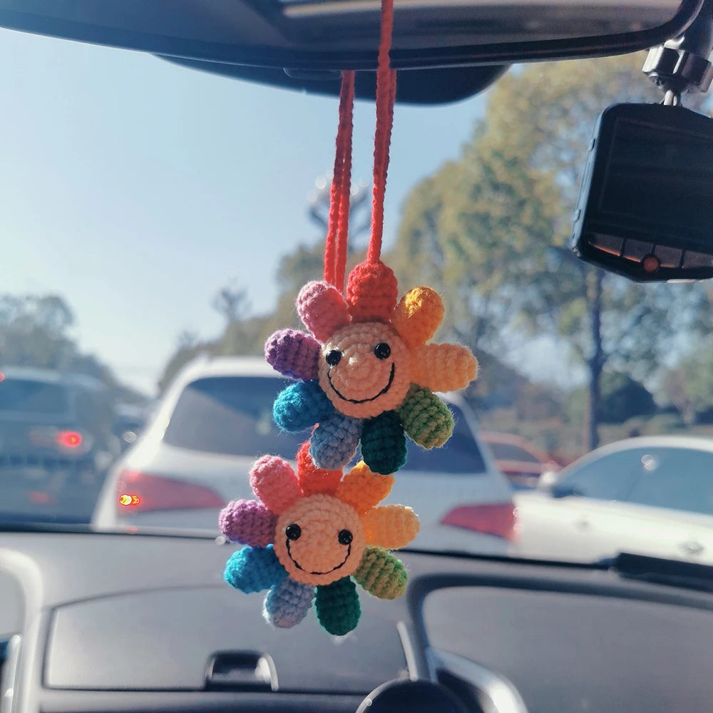 Kawaii Rainbow Flower Waffle Car Mirror Charm ๐ธโจ | Handmade Crochet Decor for Joyful Vibes!