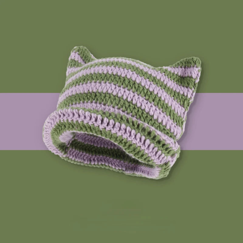 Kawaii Striped Devil Beanie π | Cute Cat Ear Knit Hat for Women πΎ | Cozy Winter Crochet Cap βοΈ