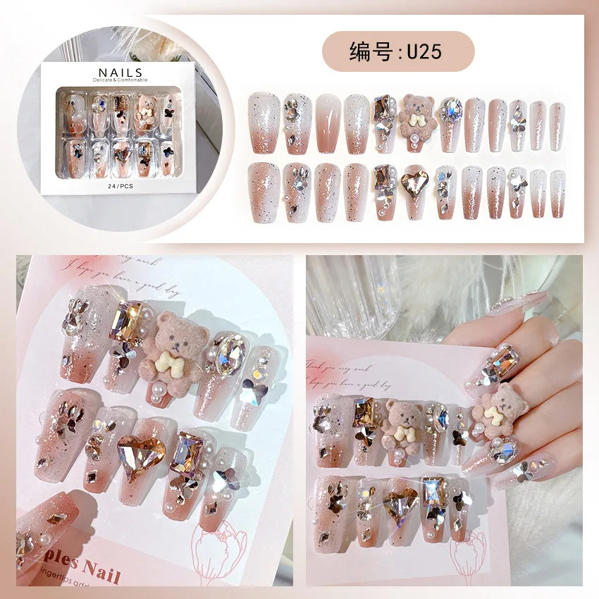 Kawaii Glittery Bear & Rabbit Press-On Nails πβ¨ - 24Pcs Luxury Rhinestone False Nails with Jelly Glue! π»π°π