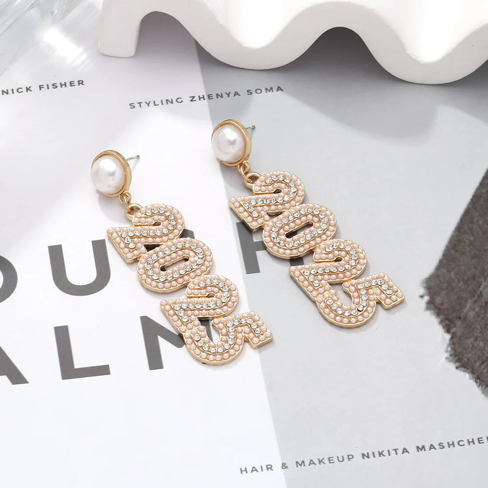 Kawaii 2025 Number Stud Earrings πβ¨ Cute Long Rhinestone & Pearl Accents for Women π Perfect Gift for Friends & Family! π