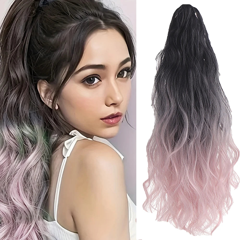 β¨ Kawaii 18" Gradient Water Wave Ponytail Clip-In Wig πΈ Long Curly Hairpiece for Fun Styles! π