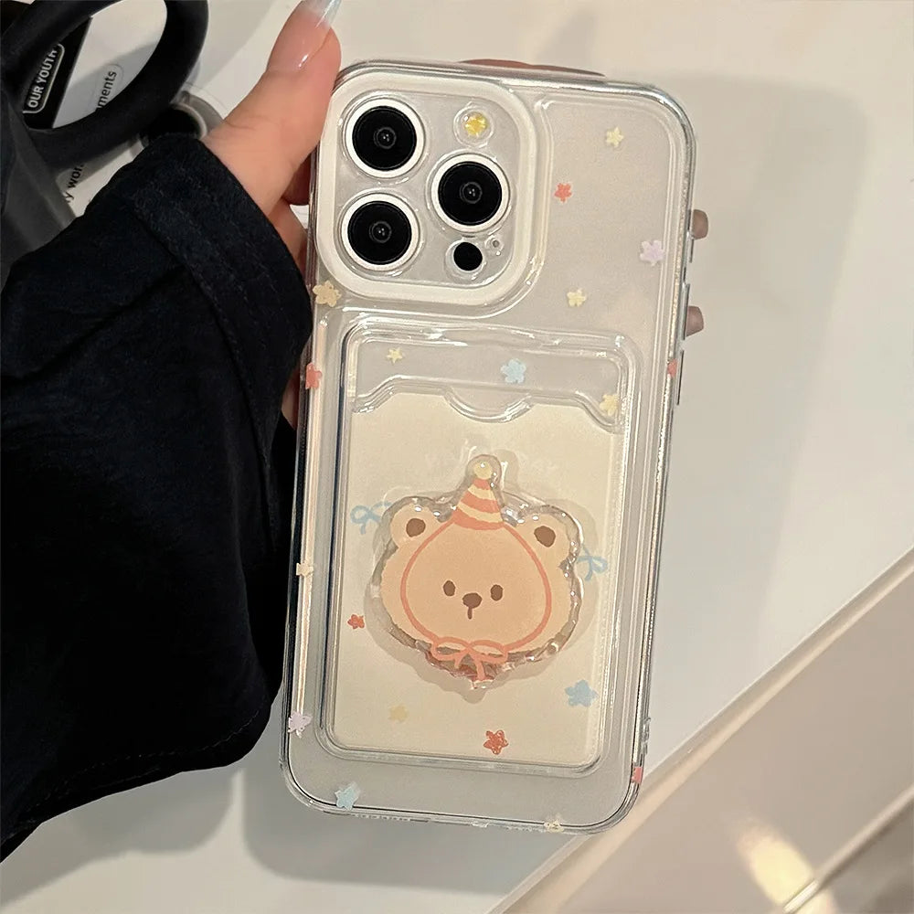 🐻✨ Adorable Bear Card Holder Case for iPhone 11, 12, 13, 14 & 15 Pro Max - Cute Cartoon Design! 📱💕
