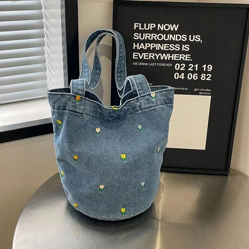 Kawaii Embroidered Denim Bucket Bag 🌸✨ - Trendy Large Capacity Shoulder Tote for 2024!