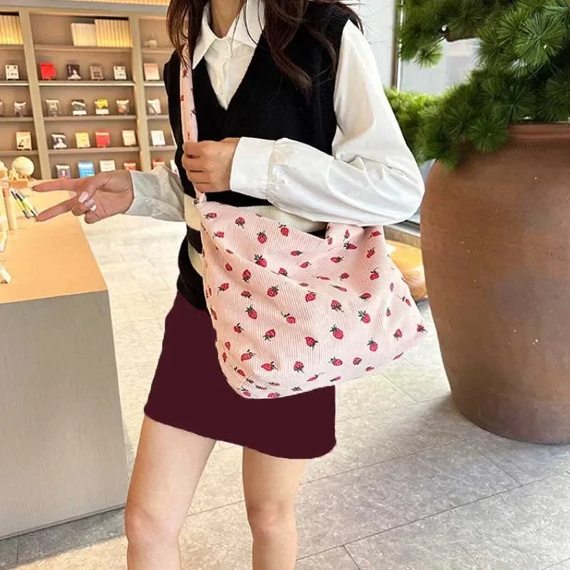 Cute Strawberry Print Corduroy Bucket Bag πβ¨ | Stylish Pleated Crossbody Messenger Handbag for Women π