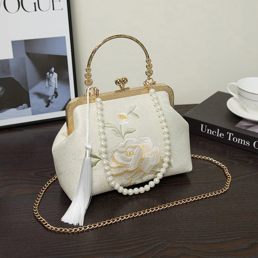πΈ Kawaii Floral Shell Clutch Bag πβ¨ Luxury Evening Purse with Pearl Chains & Crossbody Magic! π Perfect for Parties!