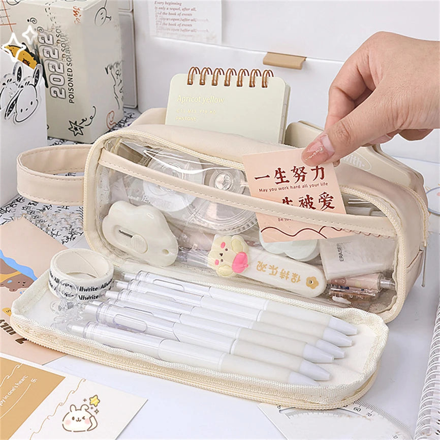 Kawaii Transparent Pencil Case πβ¨ | Multifunctional Storage Bag for Girls π | Large Capacity Double Layer School Supplies π¨βοΈ