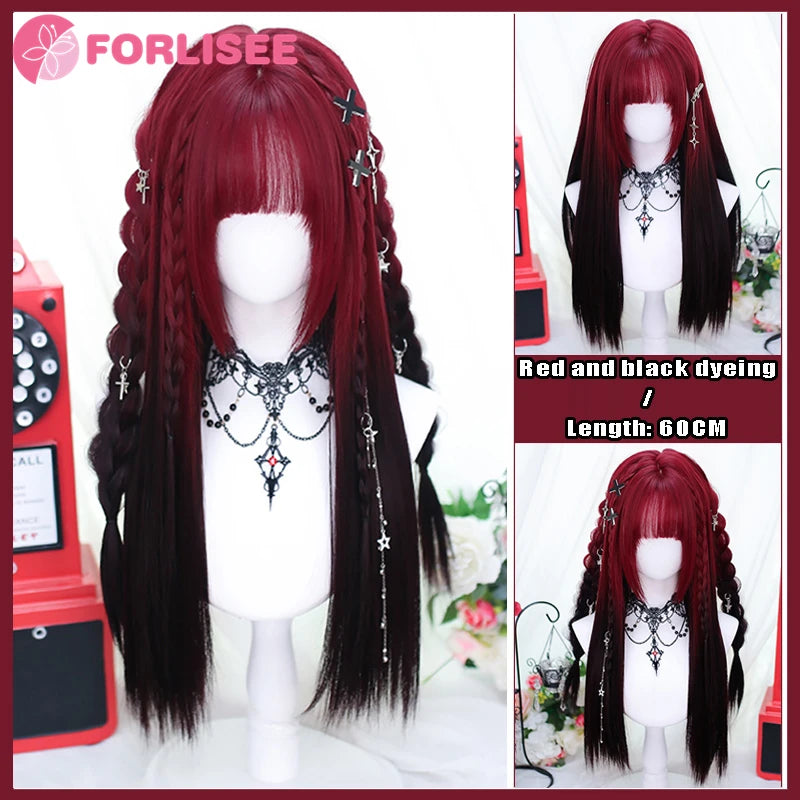 Kawaii Magic! πΈβ¨ FORLISEE Black & Pink Long Straight Wig with Bangs - Perfect for Cosplay & Sweet Lolita Looks! ππ