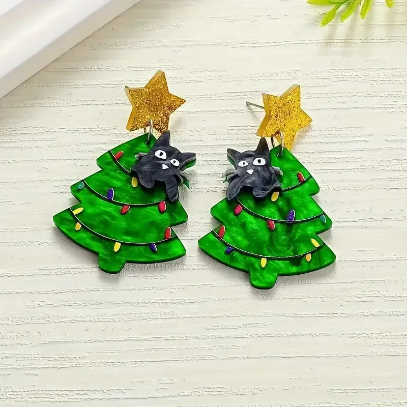Cute Christmas Tree Dangle Earrings With Star Cat Design 🎄⭐🐱 Acrylic