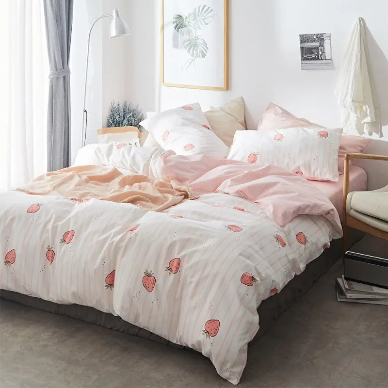 Kawaii Strawberry Dreams Duvet Cover Set - Adorable 3-Piece Cotton Bedding for Cozy Comfort ๐โจ