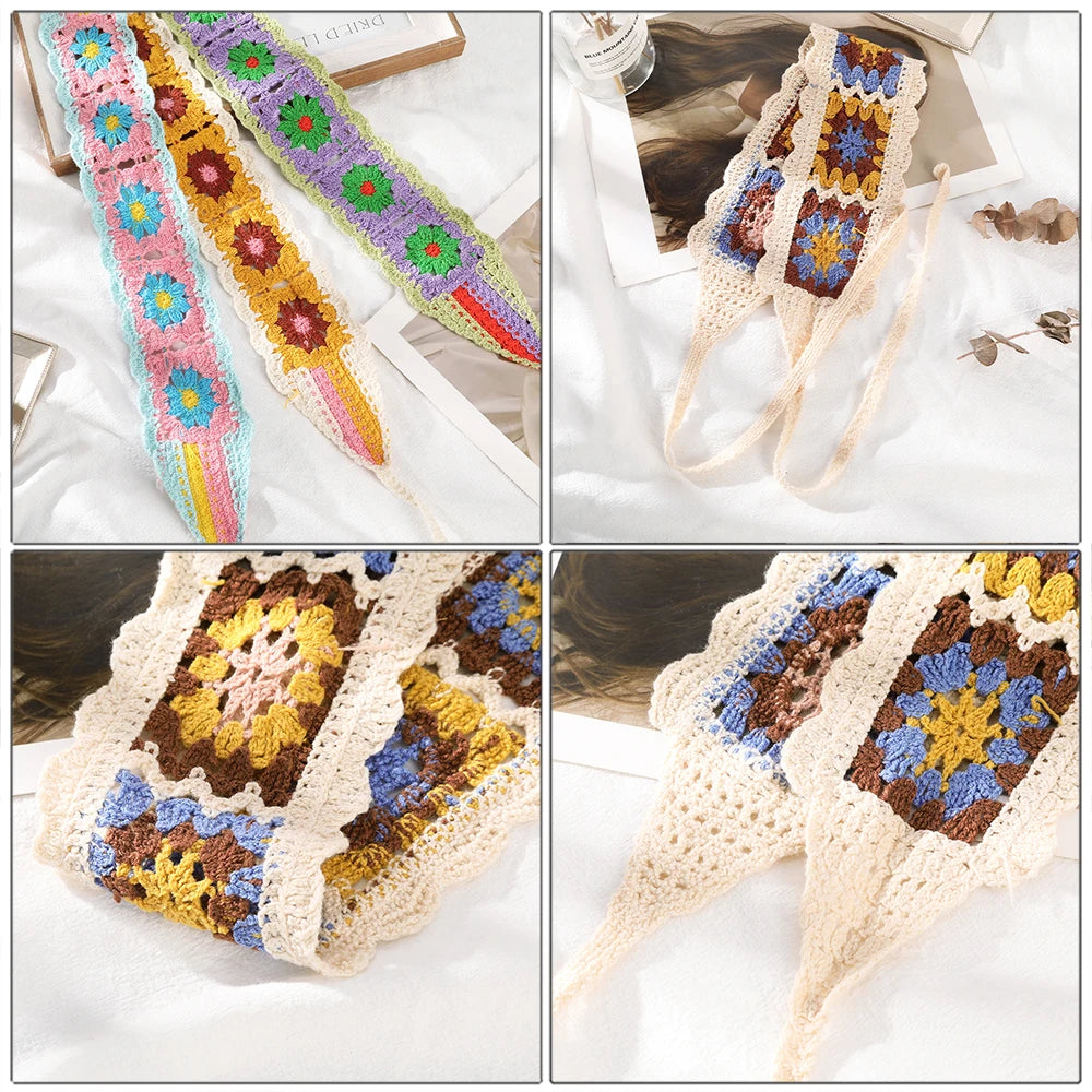 Kawaii Boho Flower Crochet Headband ๐ธโจ Vintage Turban Hair Scarf for Women - Fashionable Accessory for Every Season!