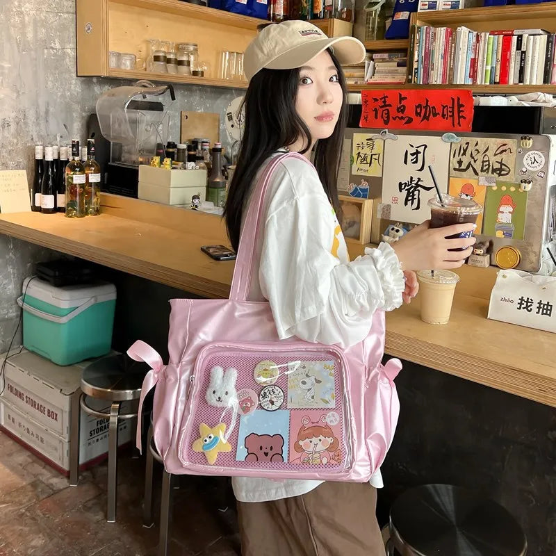 Kawaii Ribbon Bow Tote Bag πΈβ¨ Sweet Forest Style | Large Capacity Double-Sided Handbag for Students ππ