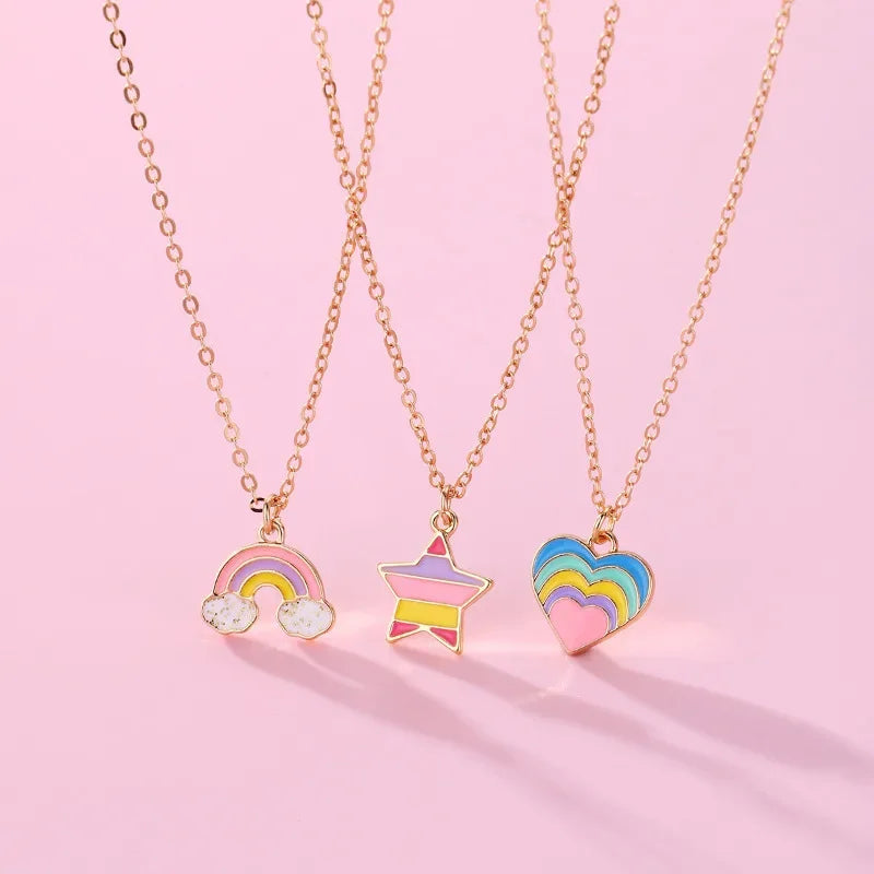 Kawaii 3Pcs Rainbow Star & Heart Necklace Set ππ for BFFs β Trendy Gifts for Girls!