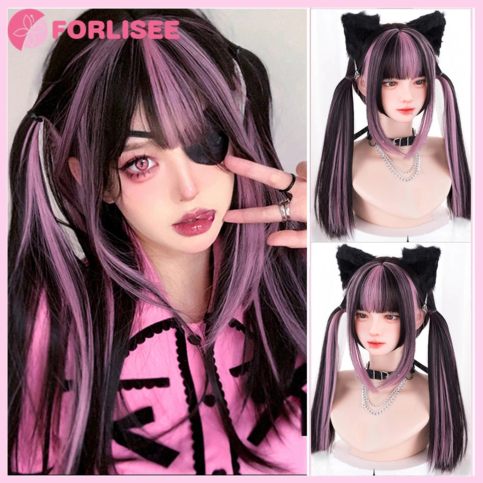 Kawaii Magic! πΈβ¨ FORLISEE Black & Pink Long Straight Wig with Bangs - Perfect for Cosplay & Sweet Lolita Looks! ππ