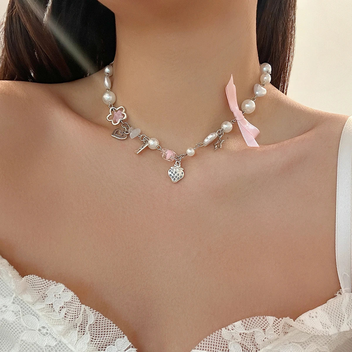 Kawaii Pink Bow Heart Choker Necklace ππ - Trendy Strawberry Pendant for Women πβ¨
