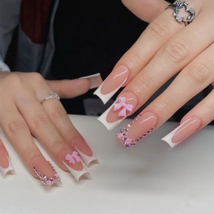 Kawaii 24Pcs Blush Pink Almond Press-On Nails πΈβ¨ with 3D Bow Knot Decor - Sweet Glossy Full Cover Tips for Creative Nail Art! ππ
