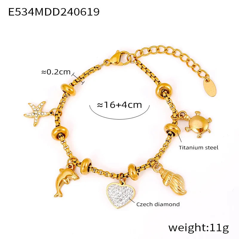 Kawaii Moon & Heart Stainless Steel Charm Bracelet 🌙💖 | Cute Luxury Jewelry Gift for Women 🎁✨