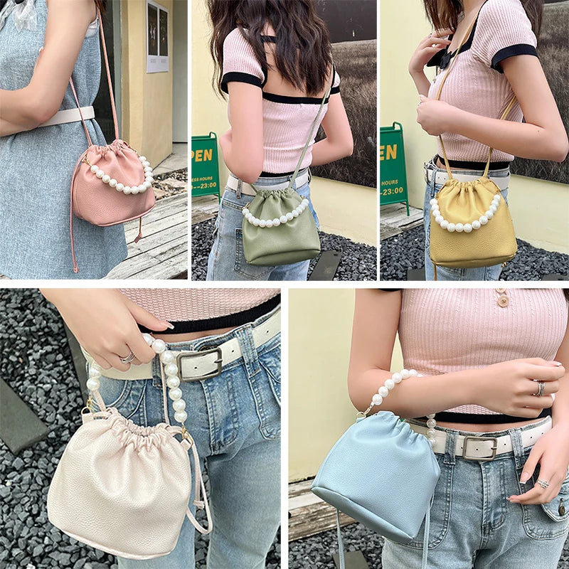 Kawaii Pearl Chain Bucket Bag 🐰✨ | Adorable PU Shoulder Tote for Trendy Ladies