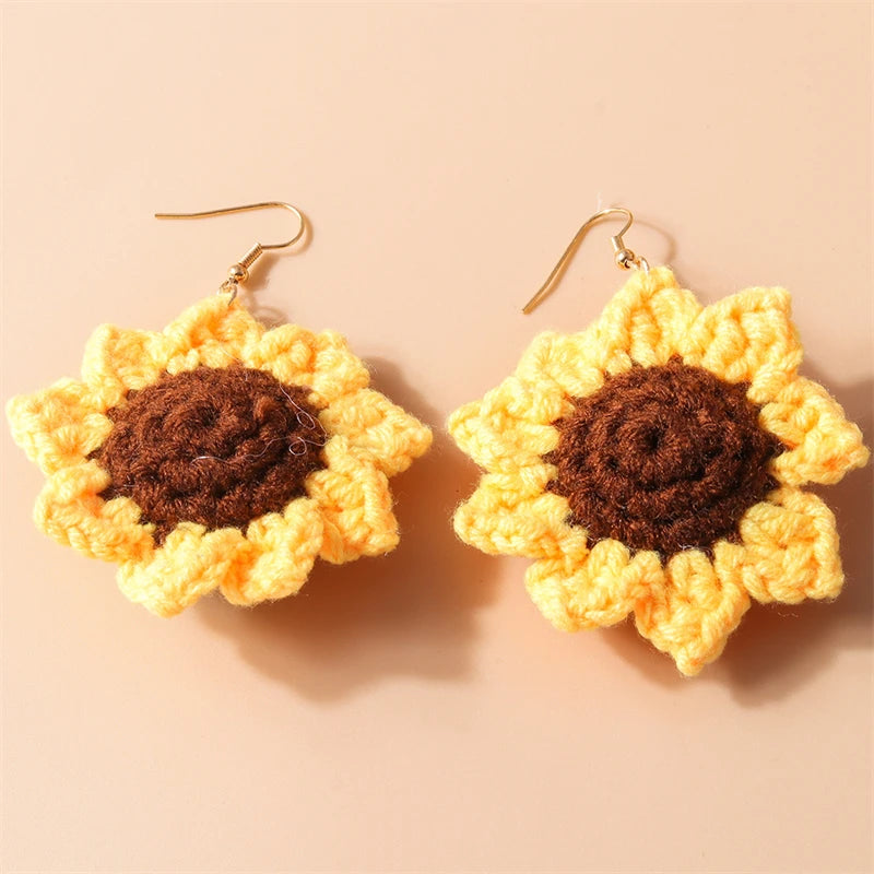 Kawaii Handmade Sunflower Drop Earrings ๐ผโจ | Cute Knitted Dangle Hooks for Party & Holiday Gifts ๐๐