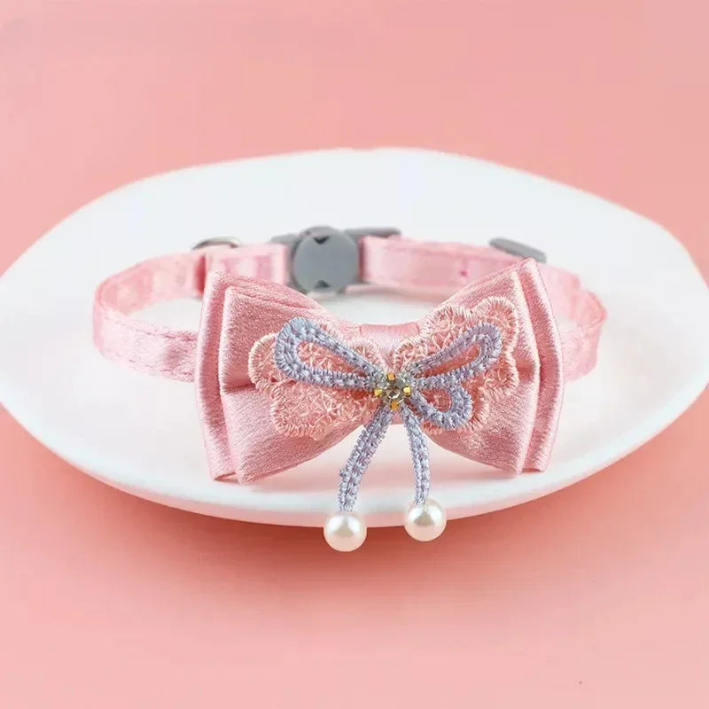 β¨ Cute Pink Lace Bow & Bead Cat Choker with Bell πΎ Perfect Pet Accessory! π
