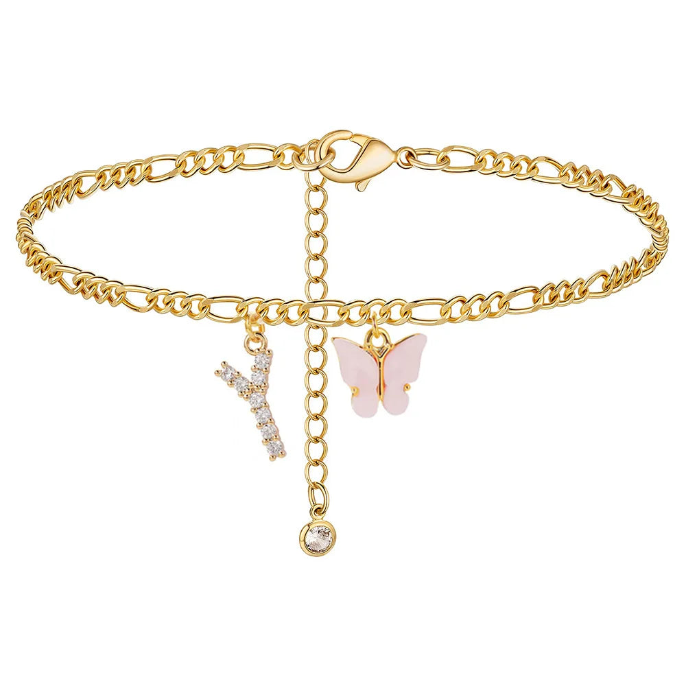 Kawaii Butterfly Initial A-Z Anklets 🌈✨ Waterproof Leg Chains for Trendy Girls | Cute Jewelry Gift for Parties 🦋💖