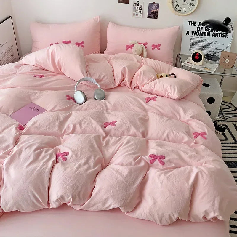 Whimsical Pink Bow Duvet Set πΈβ¨ - Enchant Your Bedroom with 3D Embroidery & Cozy Comfort! π€π