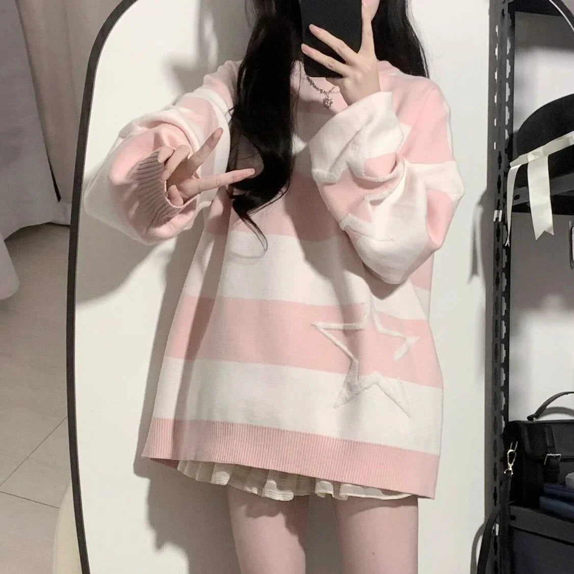 β¨ Kawaii Starry Contrast Sweater π | Grunge Streetwear Jumper for Women | Y2K Aesthetic Cozy Knitwear π