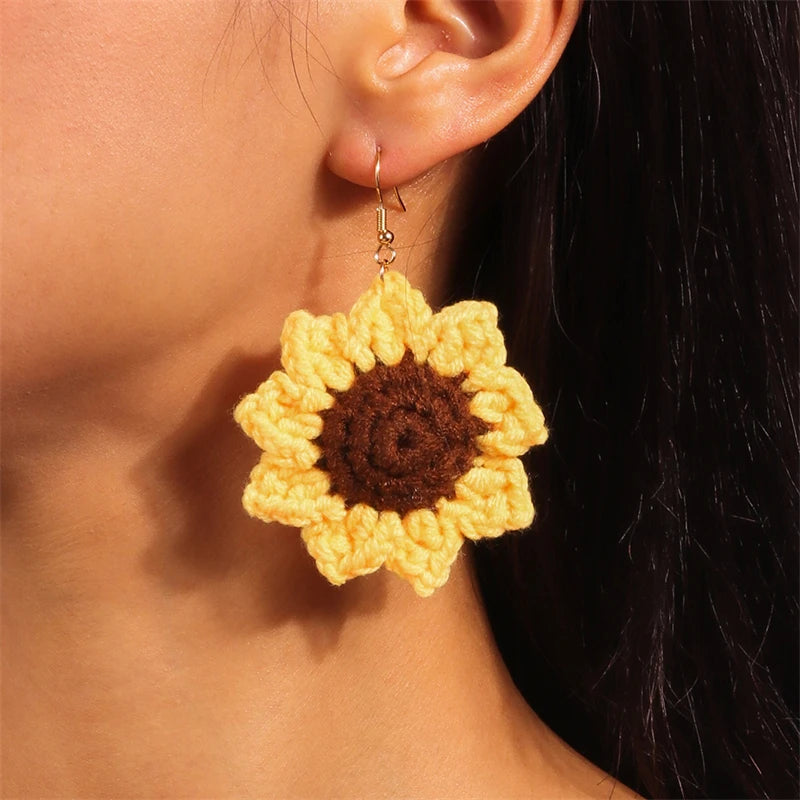 Kawaii Handmade Sunflower Drop Earrings ๐ผโจ | Cute Knitted Dangle Hooks for Party & Holiday Gifts ๐๐