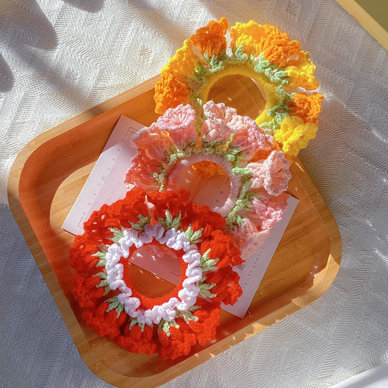 Kawaii Crochet Flower Ponytail Scrunchie ๐ธโจ| Adorable Knitted Hairband for Spring & Summer ๐ผ๐