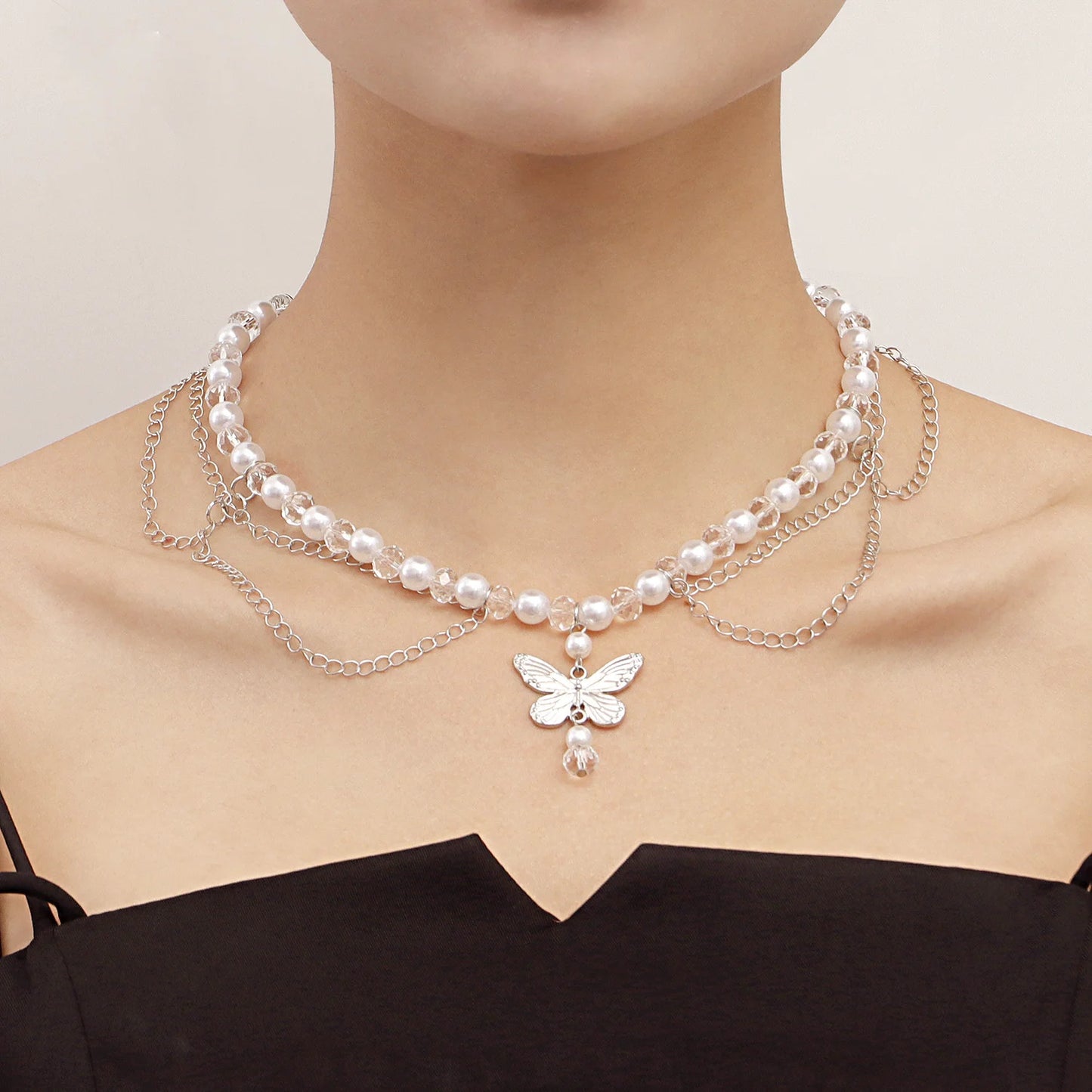Kawaii Butterfly Pearl Tassel Necklace πΈβ¨ | Double Layer High Gloss Design for Women π