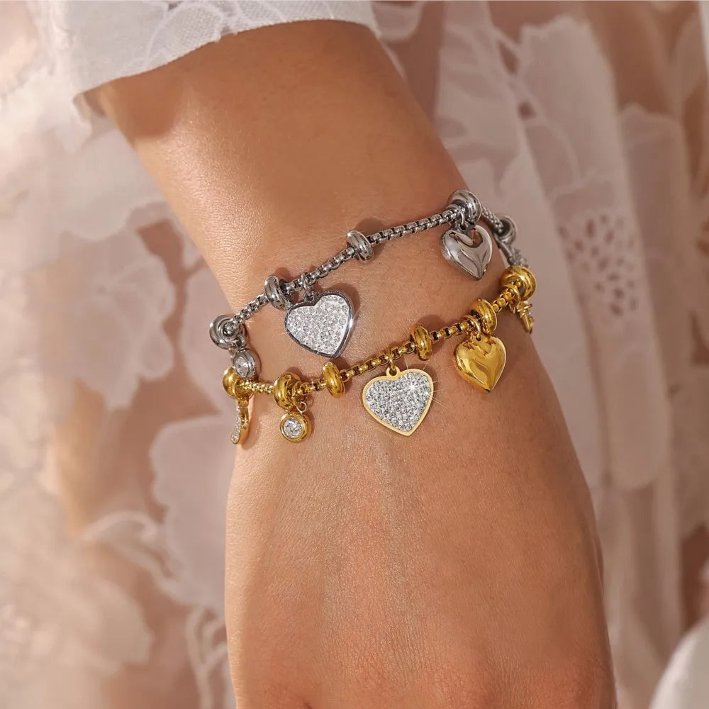 Kawaii 316L Stainless Steel Heart Charm Bracelet πβ¨ - 18k Gold-Plated with Sparkling Zircon Pendants! ππ
