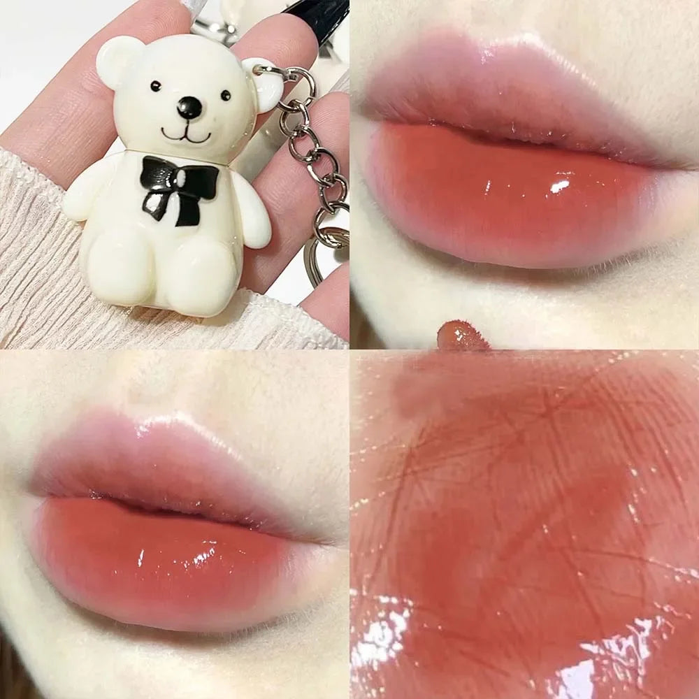 Water Light Mirror Lip Glaze Waterproof Long Lasting Cute Bear Keychain Lip Gloss Silky Smooth Liquid Lipstick Women Lip Makeup