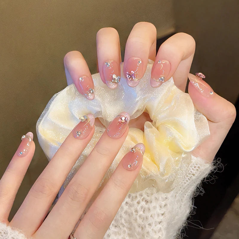 Kawaii Pink Butterfly Press-On Nails πΈβ¨ | 10Pcs Almond-Shaped Nail Art with Rhinestones π¦π