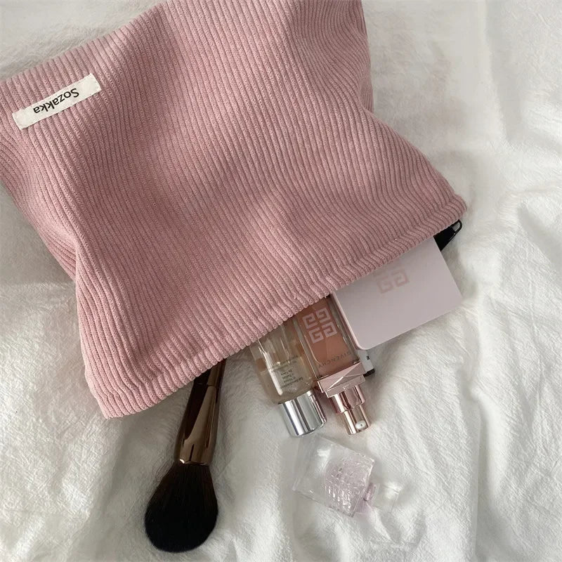 Kawaii Corduroy Makeup Pouch πΈβ¨ | Cute Portable Cosmetic Organizer with Zipper - Large Capacity Clutch for Travel! ππ