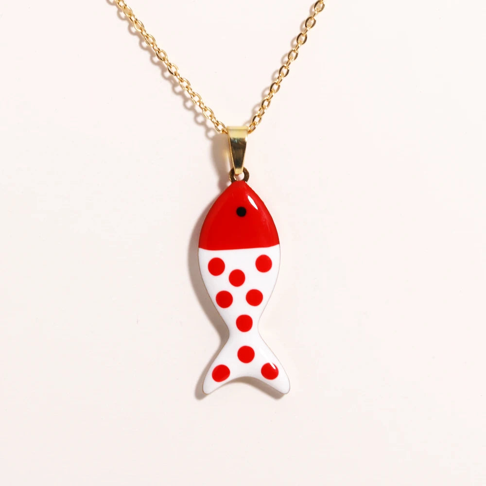 Cute Colorful Enamel Fish Pendant Necklace For Women Waterproof Gold Tone πππ