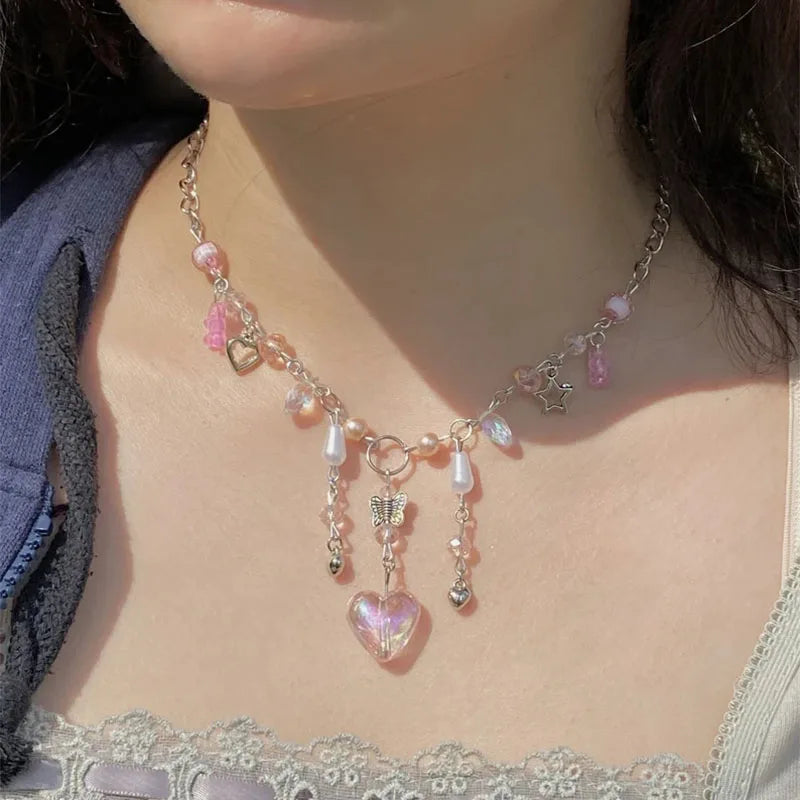 Kawaii Butterfly Heart Necklace πβ¨ Handmade Y2K Fairycore Jewelry for Trendy Souls ππ¦