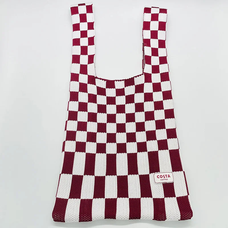 π Cozy Checker Chic Tote πβ¨ Large Capacity Knitted Bag for Trendy Adventures! π - Pixie Quill
