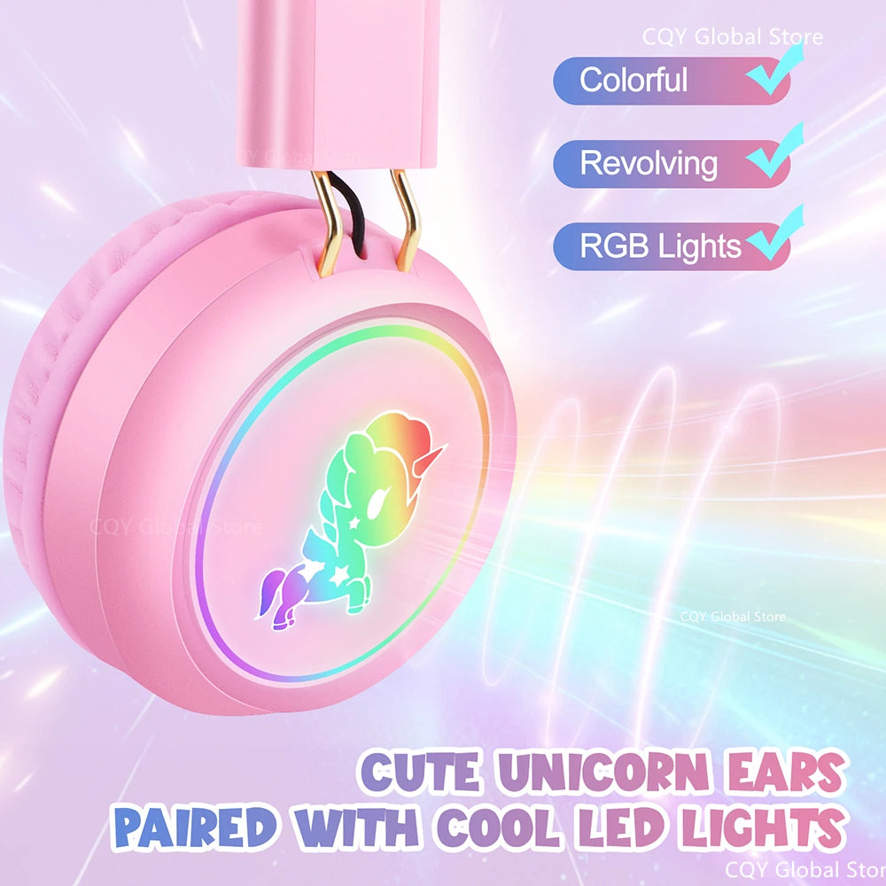 Kawaii Rainbow Unicorn Wireless Headphones π§β¨ - Cute Stereo Earphones for Kids with RGB Lights & Mic, Perfect Gift! π¦π