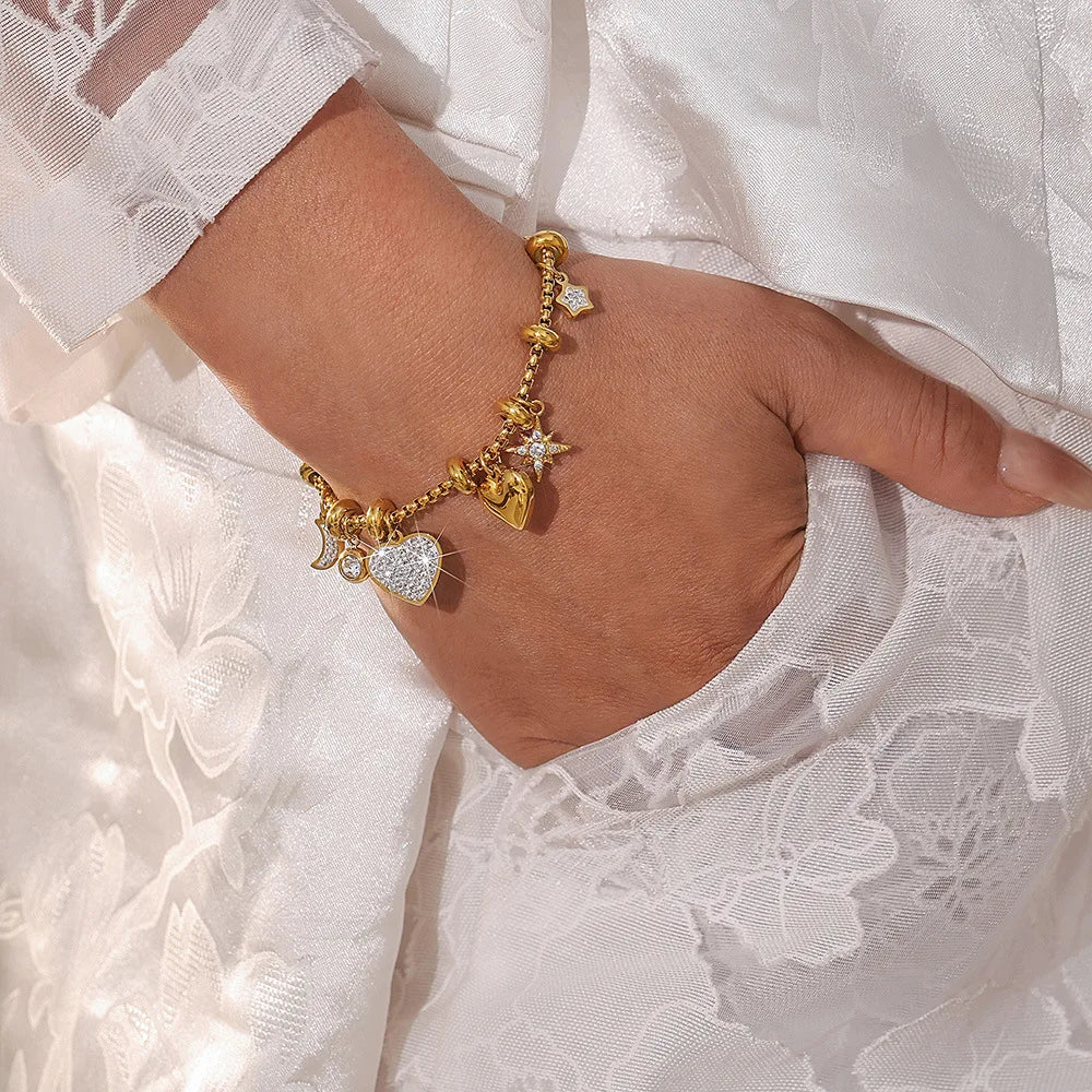 Kawaii Moon & Heart Stainless Steel Charm Bracelet 🌙💖 | Cute Luxury Jewelry Gift for Women 🎁✨