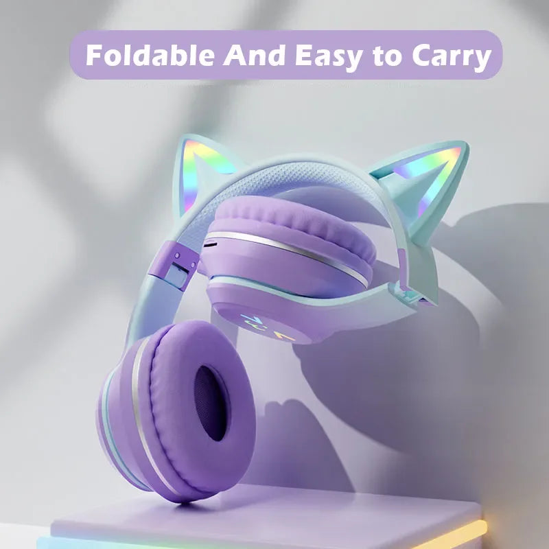 Kawaii Cat Ear Wireless Headphones πΎπ§ RGB Lights & Microphone - Perfect Gift for Kids & Gamers! π