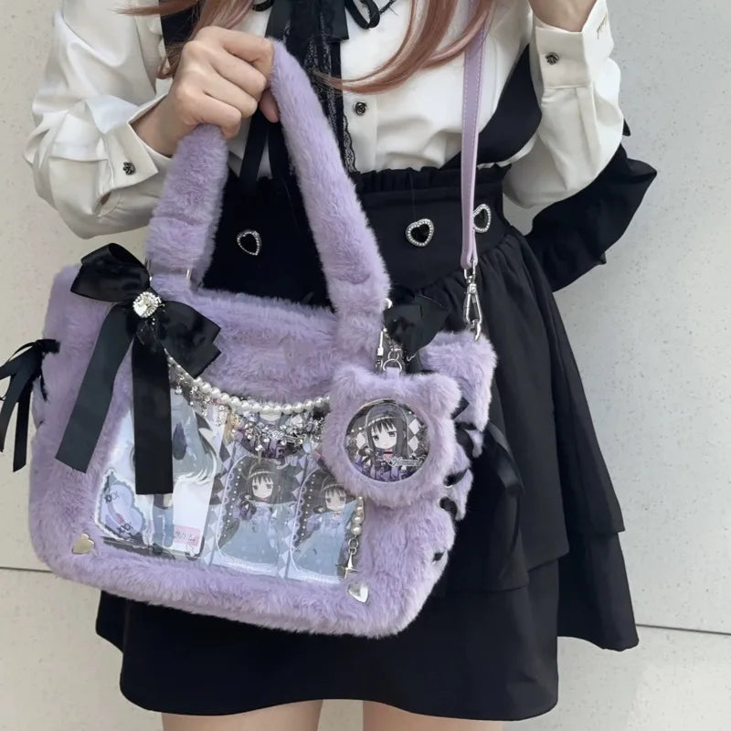 Kawaii Dreams: 3D Bow-Adorned Plush Ita Bag with Transparent Pockets π¦β¨