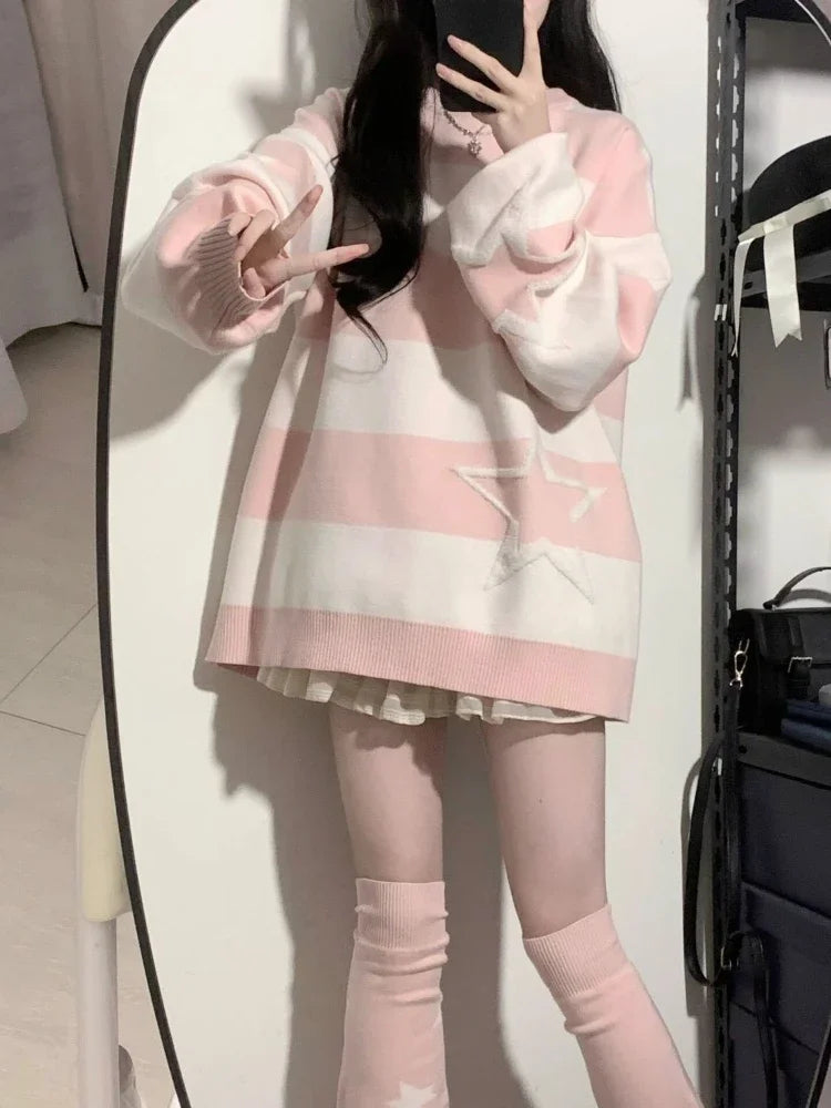 β¨ Kawaii Starry Contrast Sweater π | Grunge Streetwear Jumper for Women | Y2K Aesthetic Cozy Knitwear π