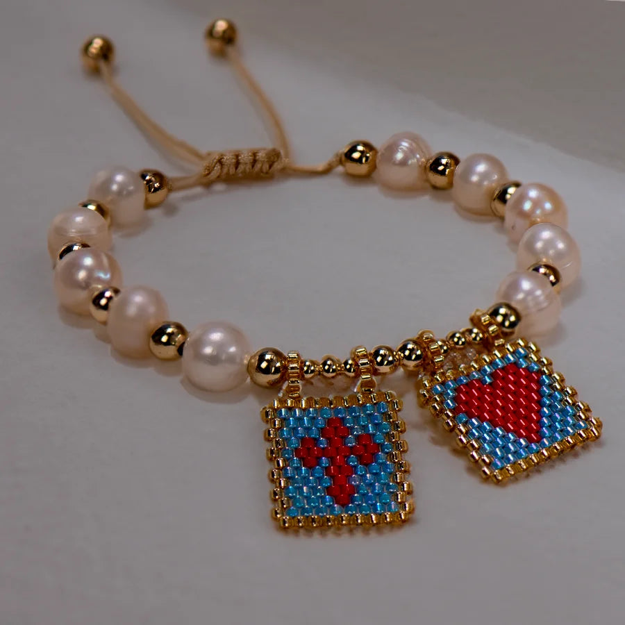 Woven Pearl Cross Heart Bracelet Beaded Miyuki Boho Christian Religious Charm Jewelry Womens 2023 Fashion Love Blessing Gift