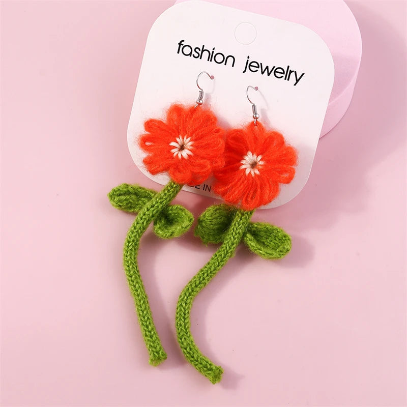 Kawaii Handmade Sunflower Drop Earrings ๐ผโจ | Cute Knitted Dangle Hooks for Party & Holiday Gifts ๐๐