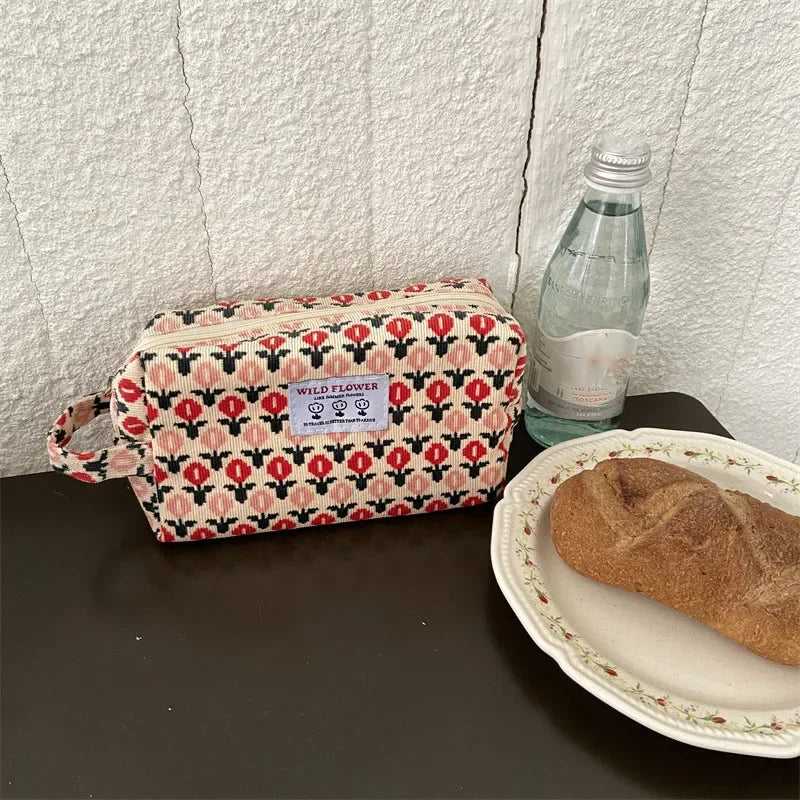 Kawaii Corduroy Flower Makeup Pouch πΈβ¨ | Adorable Travel Cosmetic Bag for Students ππ | Stylish Lipstick & Brush Organizer π