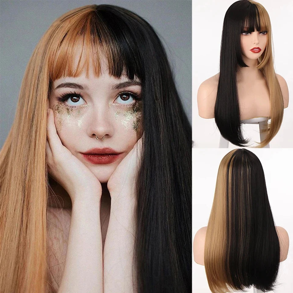 Enchanting Ombre Kawaii Wig πβ¨ - Long Straight Lolita Style with Bangs in Glacier Blue & Blonde!