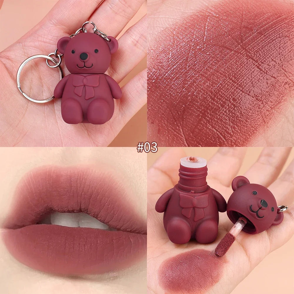 Water Light Mirror Lip Glaze Waterproof Long Lasting Cute Bear Keychain Lip Gloss Silky Smooth Liquid Lipstick Women Lip Makeup