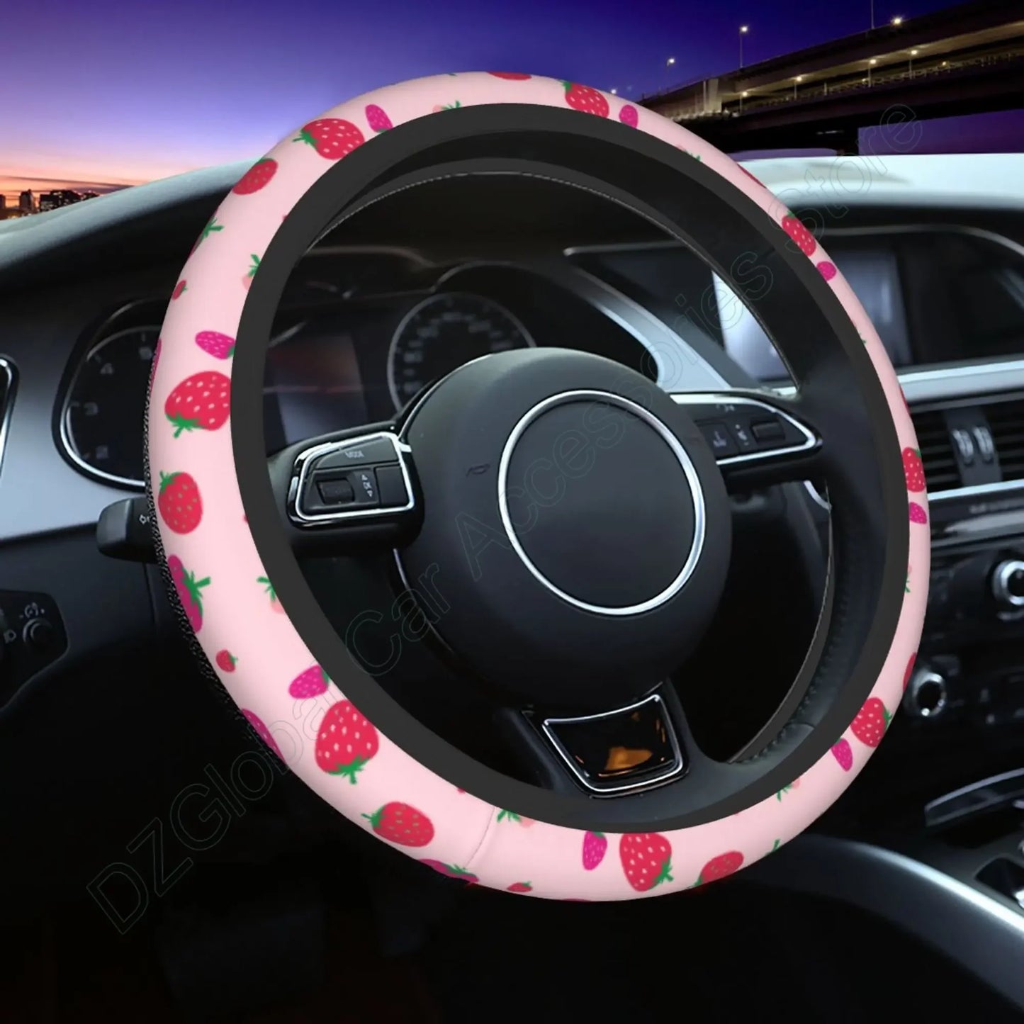 Kawaii Strawberry Flowers Steering Wheel Cover πΈπ | Anti-Slip Elastic Car Accessory π | Universal Fit 15" Protector π‘οΈ