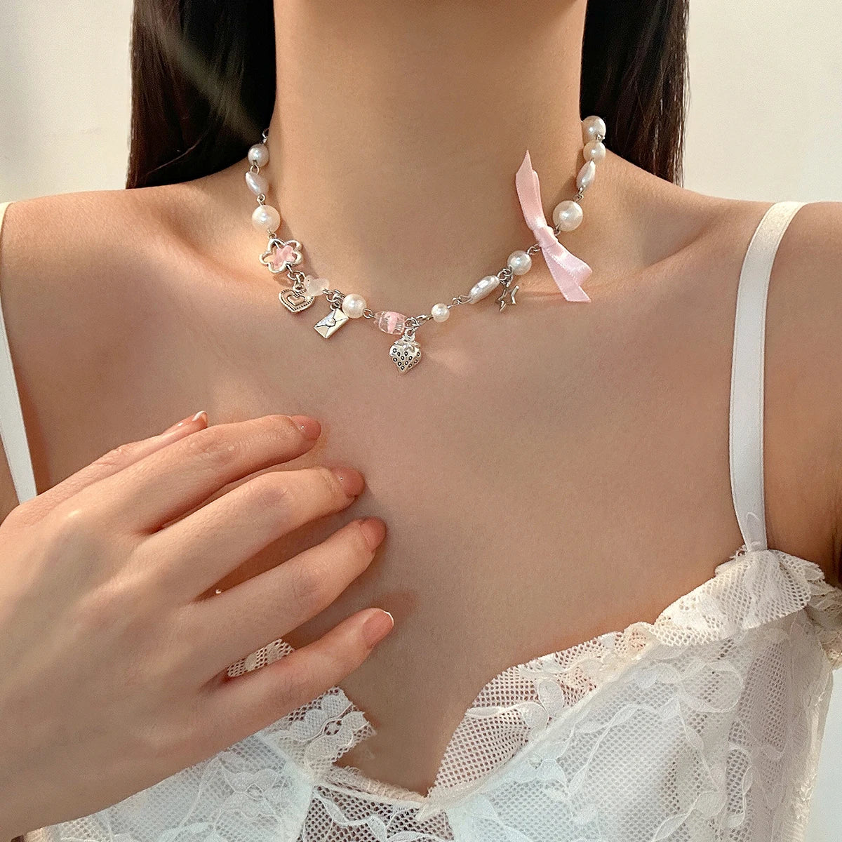 Kawaii Pink Bow Heart Choker Necklace ππ - Trendy Strawberry Pendant for Women πβ¨