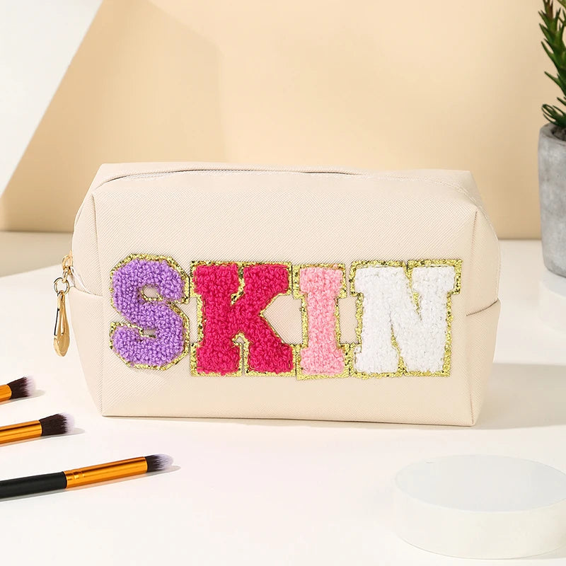 Kawaii Chenille Letter Waterproof Makeup Pouch β¨π Cute PU Leather Toiletry Bag for Travel ππ
